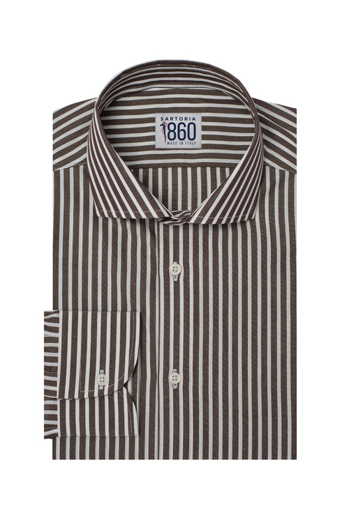 Camicia Arpino -  popeline 100% puro cotone riga bianco e marrone
