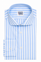 Camicia Malaga - twill 100% cotone, bacchettato bianco e celeste