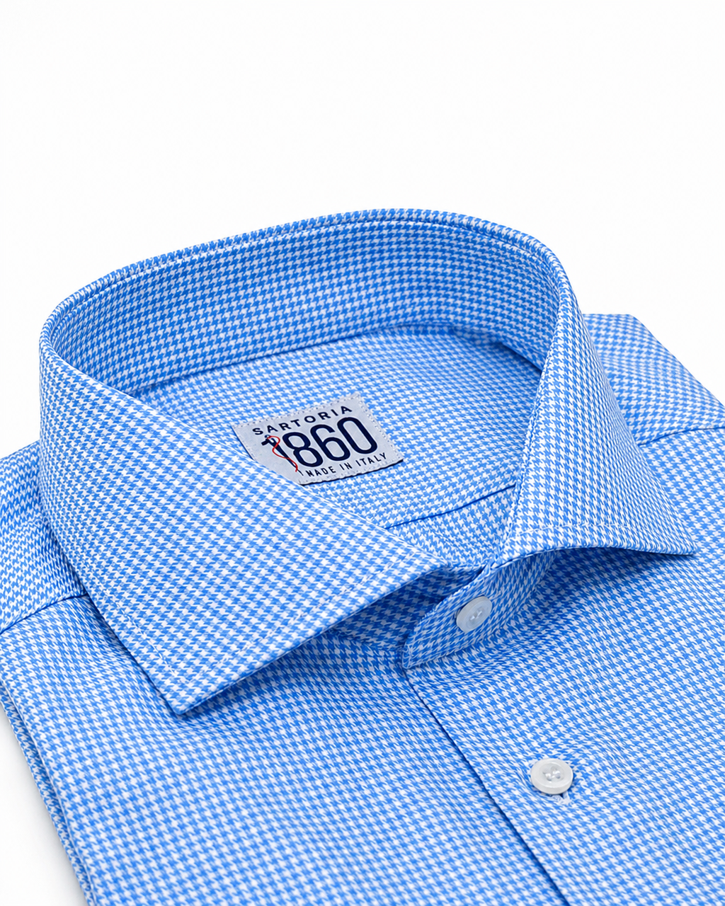 Camicia Riccione, 100% cotone pied de poule bianco e celeste