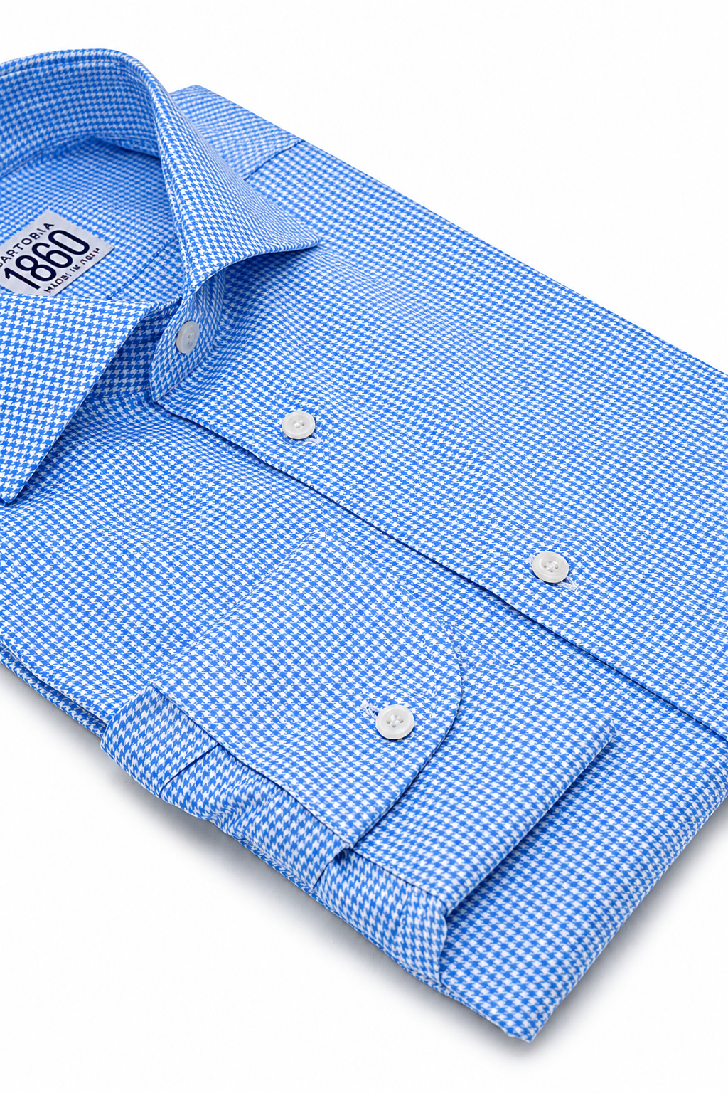 Camicia Riccione, 100% cotone pied de poule bianco e celeste