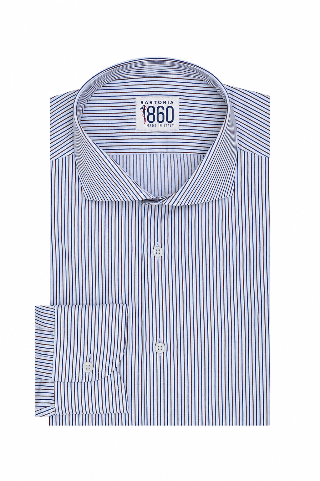 Camicia Sabaudia - twill 100% cotone, fantasia rigata blu e sabbia