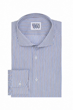 Camicia Sabaudia - twill 100% cotone, fantasia rigata blu e sabbia