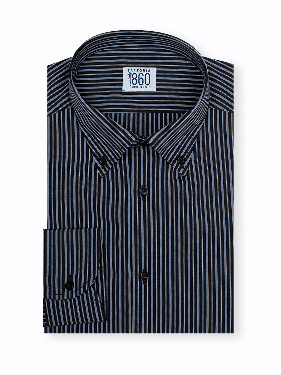Camicia Asti - popeline 100% puro cotone, blu notte con fantasia righe