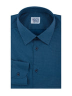 Camicia Bergamo - popeline stampato 100% cotone, fondo blu con motivi bianchi