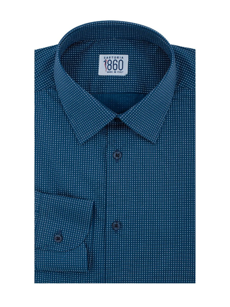 Camicia Bergamo - popeline stampato 100% cotone, fondo blu con motivi bianchi