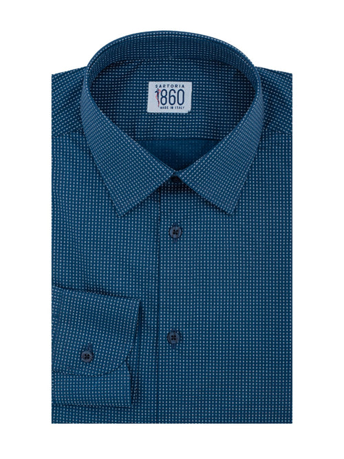 Camicia Bergamo - popeline stampato 100% cotone, fondo blu con motivi bianchi
