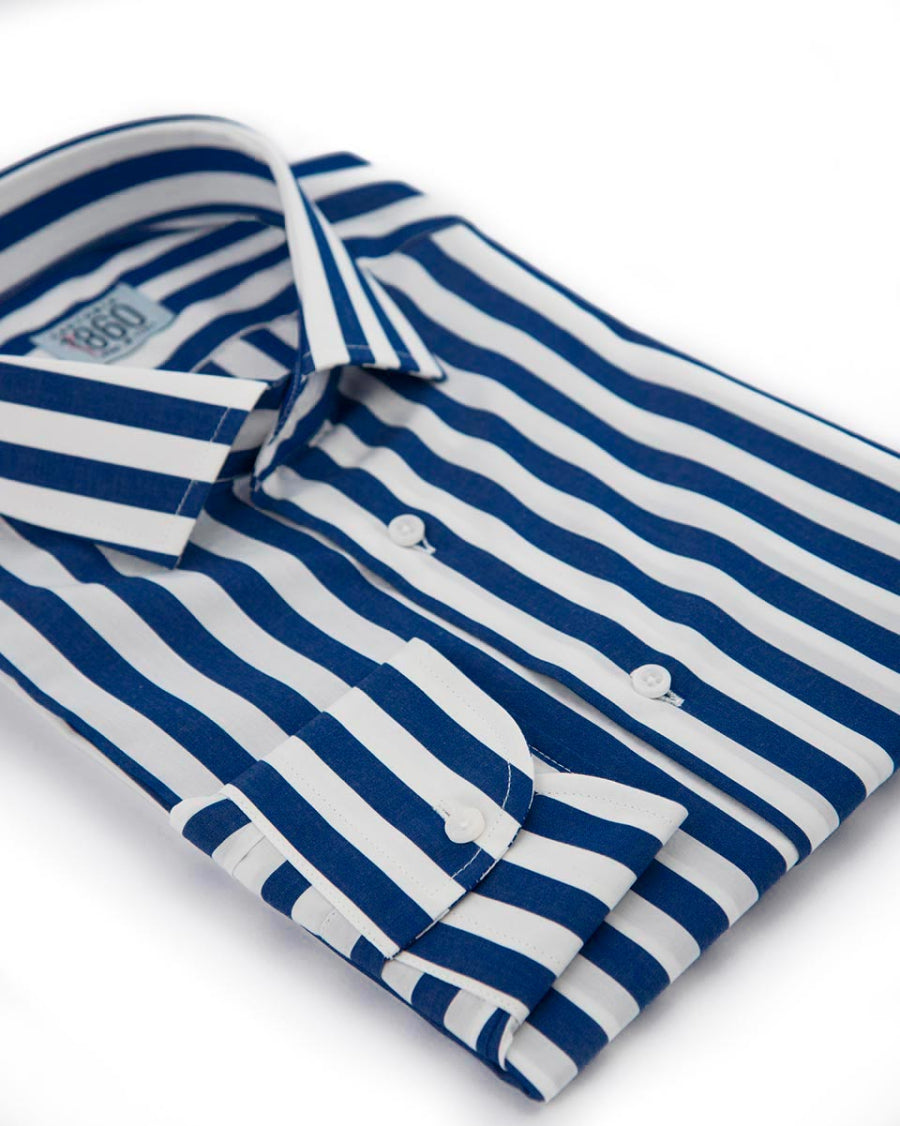 Camicia Piacenza – popeline 100% cotone, disegno bacchettato bianco e blu