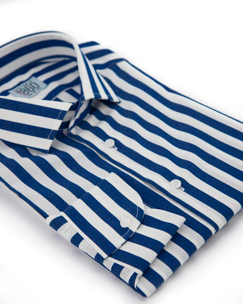 Camicia Piacenza - popeline 100% cotone, disegno bacchettato bianco e blu