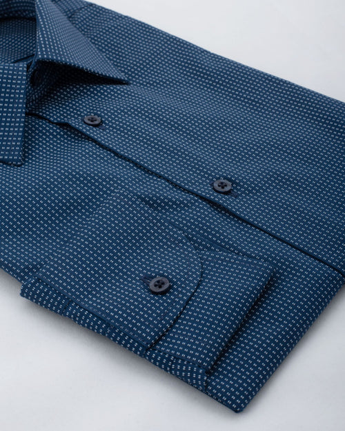 Camicia Bergamo - popeline stampato 100% cotone, fondo blu con motivi bianchi