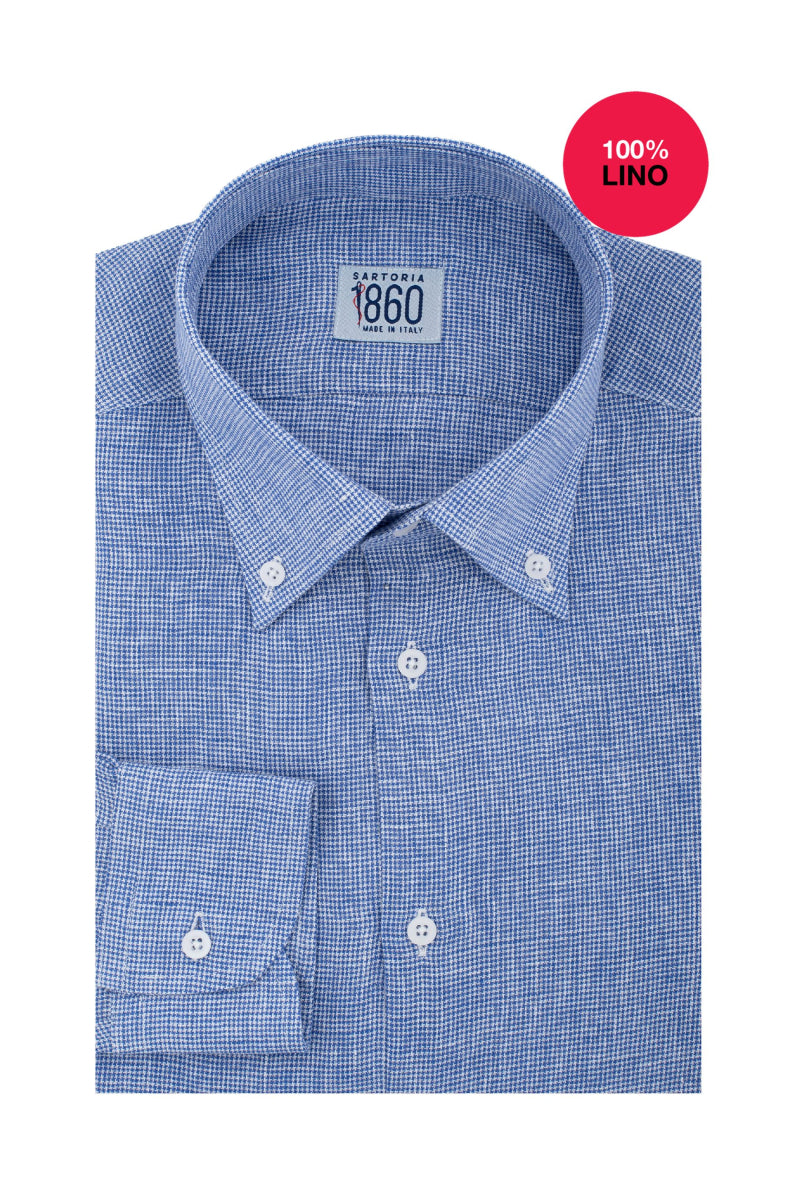 Camicia Ponza - 100% lino pied de poule bianco e azzurro