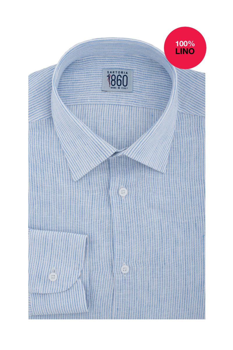 Camicia San Marino - 100% lino rigato bianco e celeste