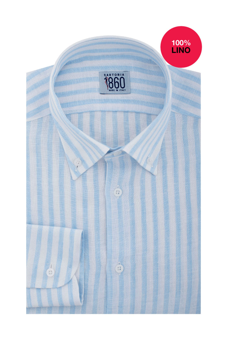 Camicia Ischia - 100% lino bacchettato bianco e celeste