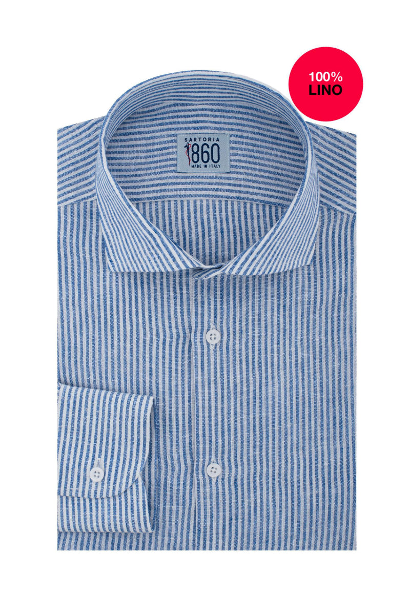 Camicia Pescara - 100% lino bacchettata bianco e azzurro