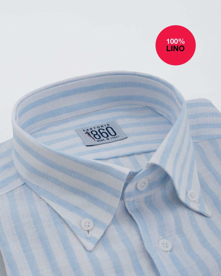 Camicia Ischia - 100% lino bacchettato bianco e celeste