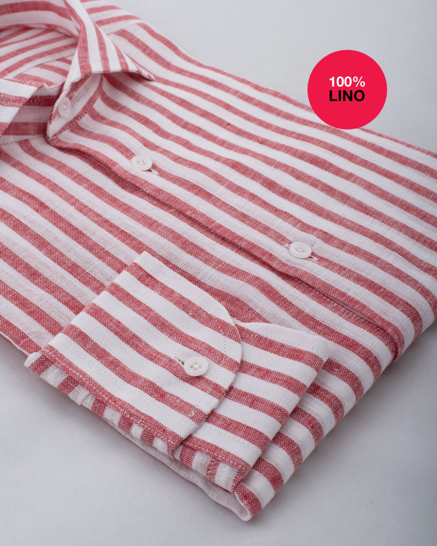 Camicia Cosenza - 100% lino bacchettato bianco e rosso
