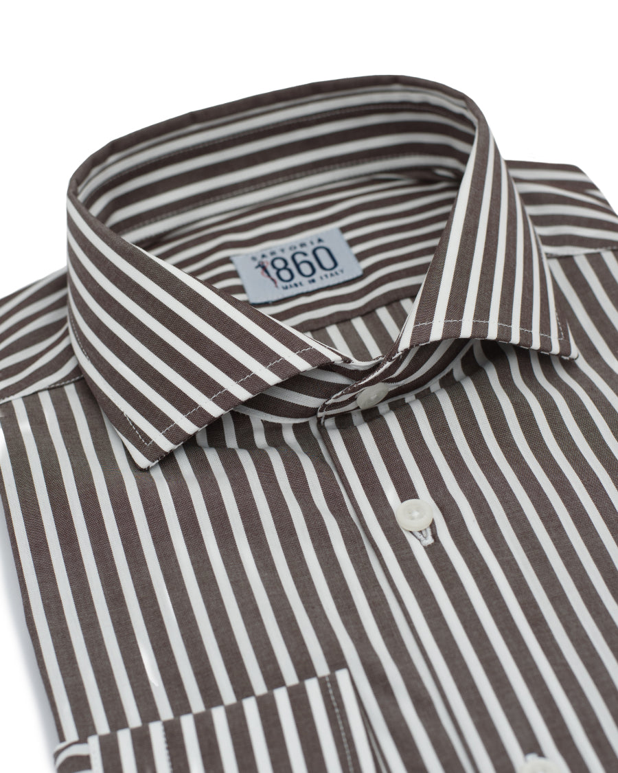 Camicia Arpino - popeline 100% puro cotone riga bianco e marrone