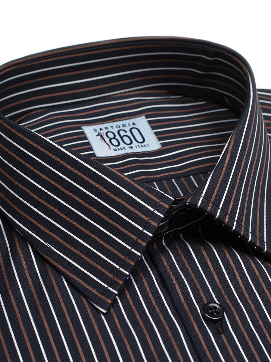 Camicia Garda - popeline 100% puro cotone, fantasia righe bianco e marrone