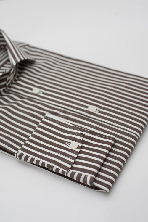 Camicia Arpino - popeline 100% puro cotone riga bianco e marrone
