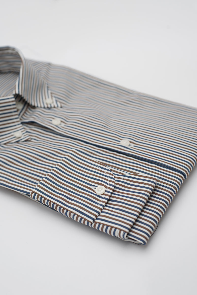 Camicia Atene - popeline 100% puro cotone bacchettato blu, bianco e marrone