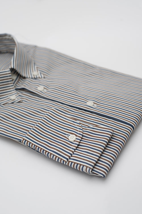 Camicia Atene - popeline 100% puro cotone bacchettato blu, bianco e marrone