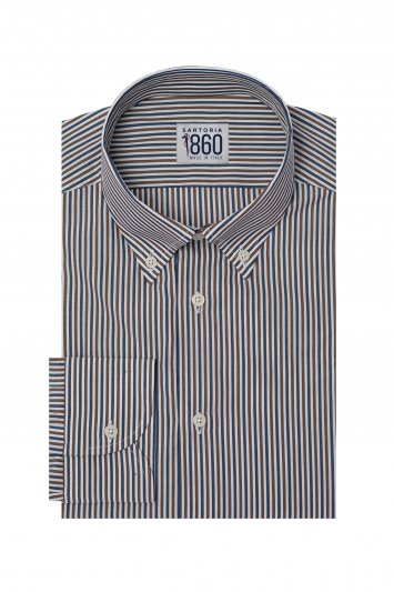Camicia Atene - popeline 100% puro cotone bacchettato blu, bianco e marrone