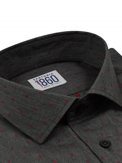 Camicia Messina - fil coupé 100% puro cotone, fondo grigio con motivo rosso