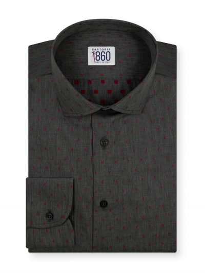 Camicia Messina - fil coupé 100% puro cotone, fondo grigio con motivo rosso