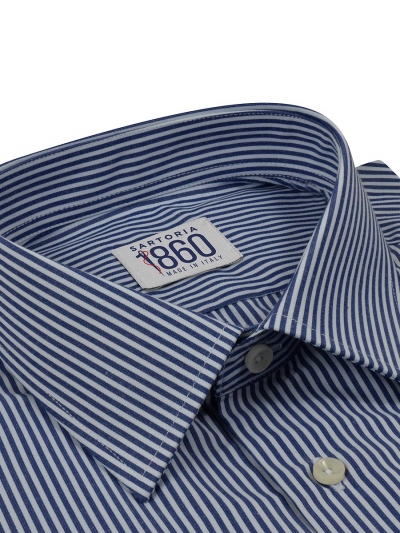 Camicia Napoli - popeline 100% puro cotone, bacchettato bianco e blu