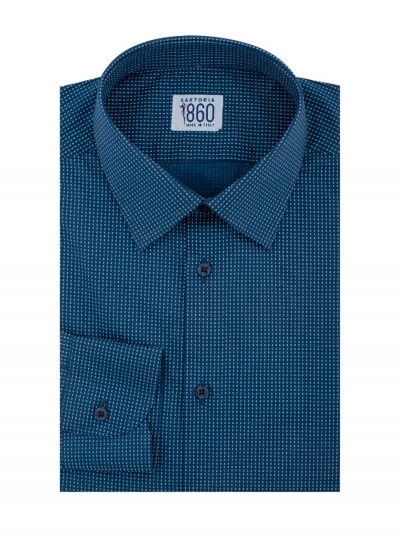 Camicia Bergamo - popeline stampato 100% cotone, fondo blu con motivi bianchi