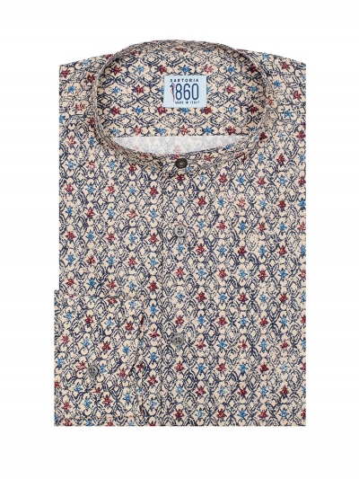 Camicia Expressionism - popeline 100% puro cotone, fondo beige con motivi