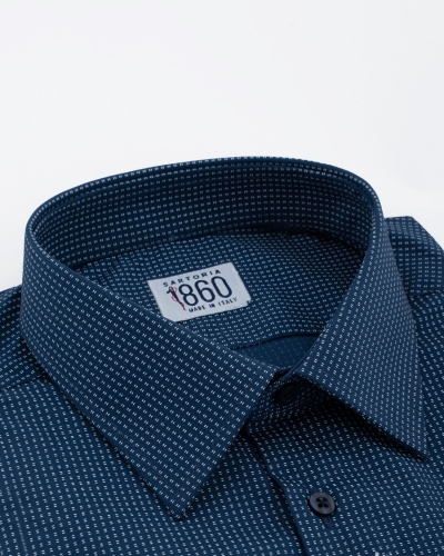 Camicia Bergamo - popeline stampato 100% cotone, fondo blu con motivi bianchi