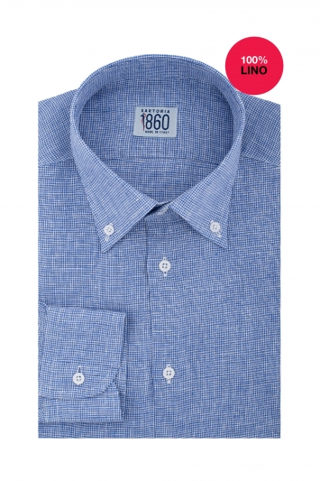 Camicia Ponza - 100% lino pied de poule bianco e azzurro