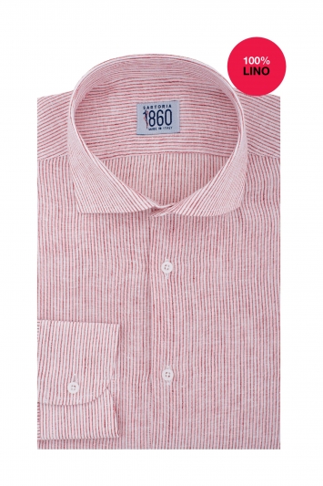 Camicia Perugia - 100% lino rigato bianco e rosso