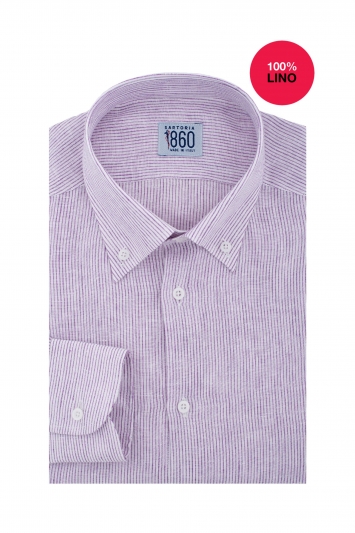 Camicia Demonte - 100% lino rigato bianco e lavanda