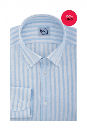 Camicia Ischia - 100% lino bacchettato bianco e celeste 