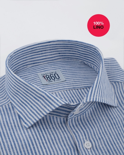 Camicia Pescara - 100% lino bacchettata bianco e azzurro 