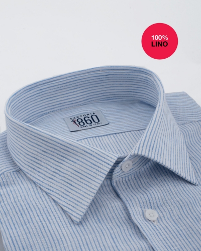 Camicia San Marino - 100% lino rigato bianco e celeste 
