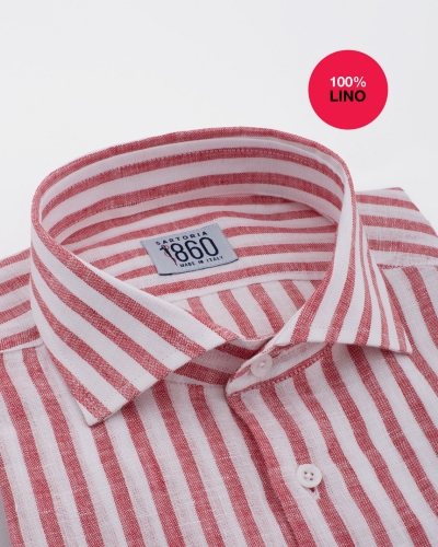 Camicia Cosenza - 100% lino bacchettato bianco e rosso
