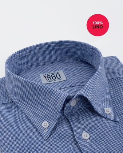 Camicia Ponza - 100% lino pied de poule bianco e azzurro
