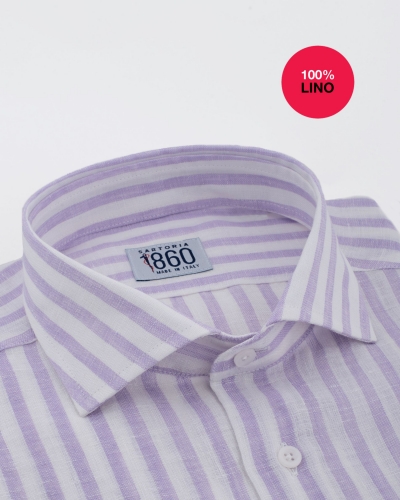 Camicia Provenza - 100% lino bacchettato bianco e lavanda 