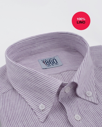 Camicia Demonte - 100% lino rigato bianco e lavanda
