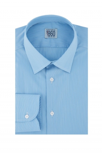 Camicia Lodi - popeline stretch, fantasia rigata bianco e celeste