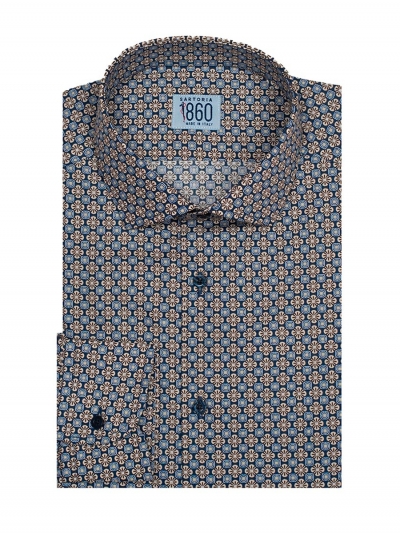 Camicia Sorrento - popeline 100% puro cotone, fondo blu con motivi
