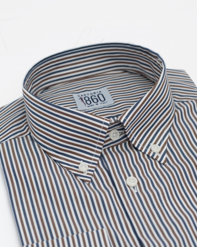 Camicia Atene - popeline 100% puro cotone bacchettato blu, bianco e marrone