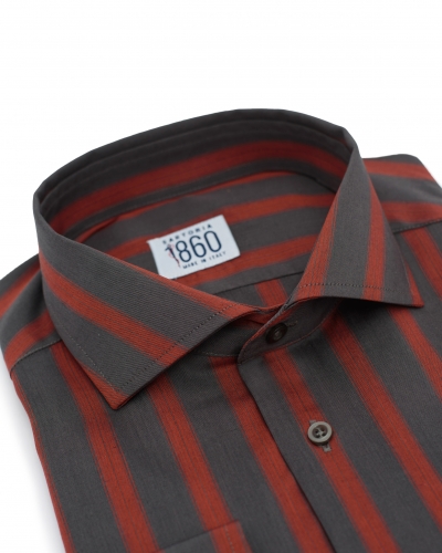 Camicia Senigallia - popeline 100% puro cotone fantasia rigata grigio antracite e rosso mattone