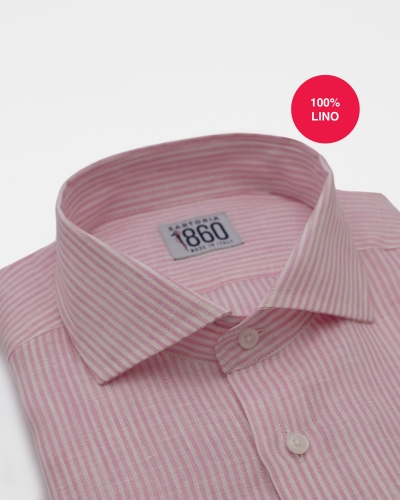 CAMICIA MARZAMEMI - 100% lino bastoncino bianco e rosa