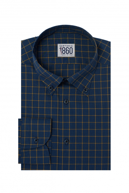 Camicia Roccaraso  - popeline doppio ritorto 100% puro cotone principe di galles blu e giallo