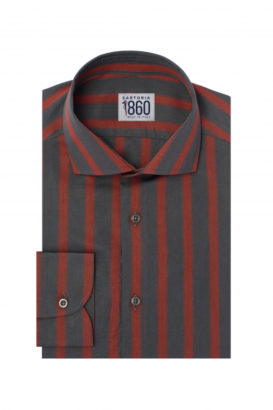 Camicia Senigallia - popeline 100% puro cotone fantasia rigata grigio antracite e rosso mattone