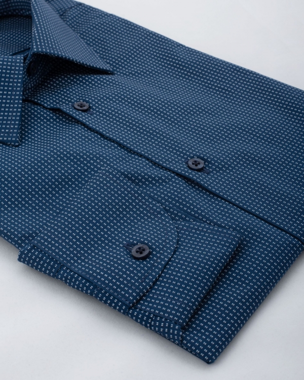 Camicia Bergamo - popeline stampato 100% cotone, fondo blu con motivi bianchi