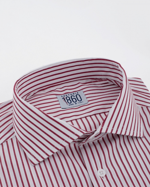 Camicia Etna - popeline 100% cotone, fantasia rigata rosso bordeaux e bianco